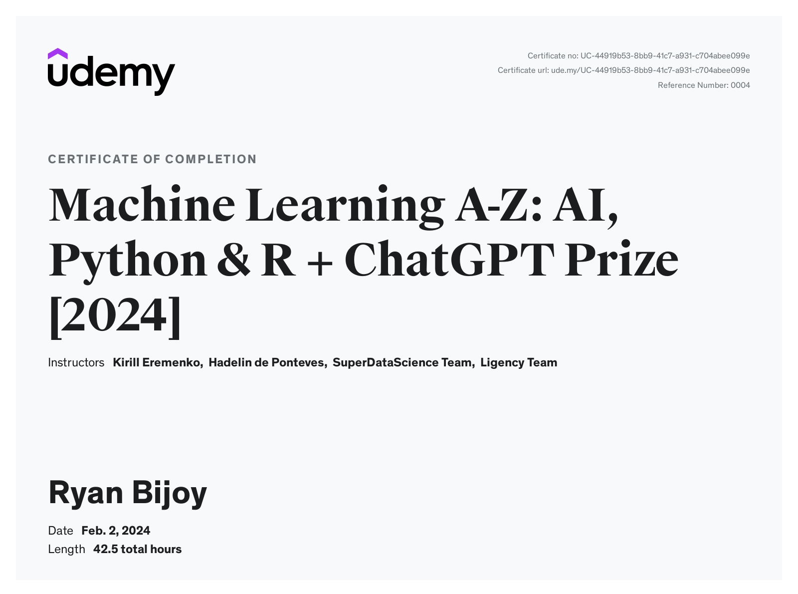 Machine Learning Certificate